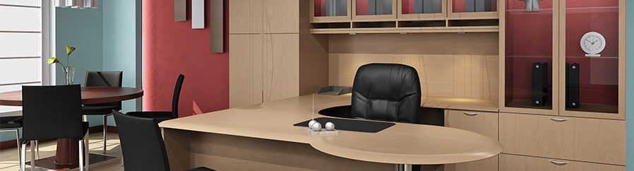 Photo of leather office chair at wooden office desk